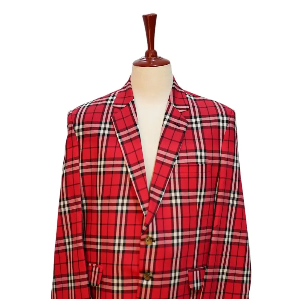 Mens Wool Sport Coat 44R Red Black White Tartan Plaid Blazer 2 Button Classic